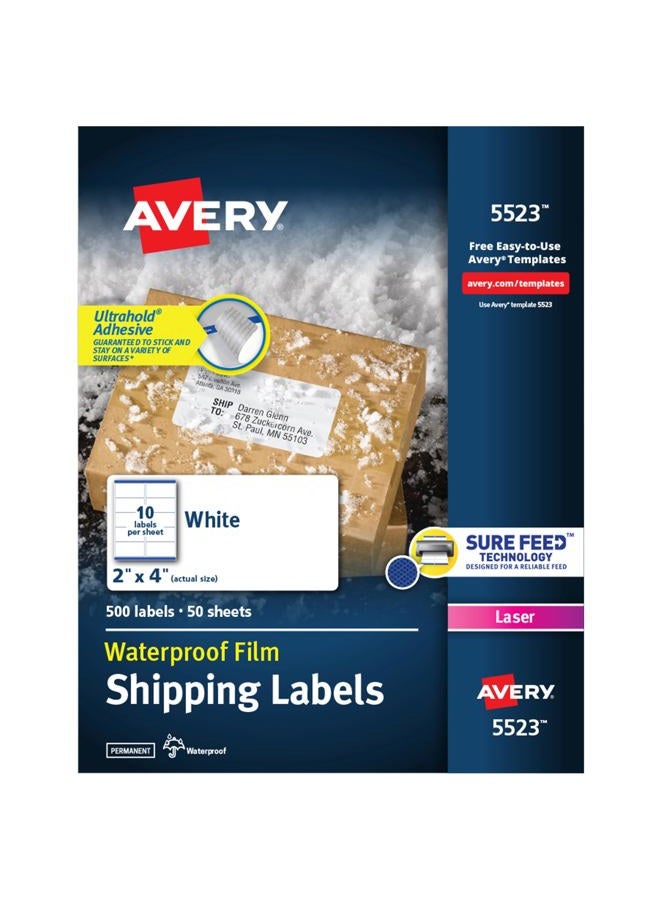 AVERY Waterproof Labels with UltraHold Permanent Adhesive, 2" x 4", 500 Labels for Laser Printers (5523) - Image 1